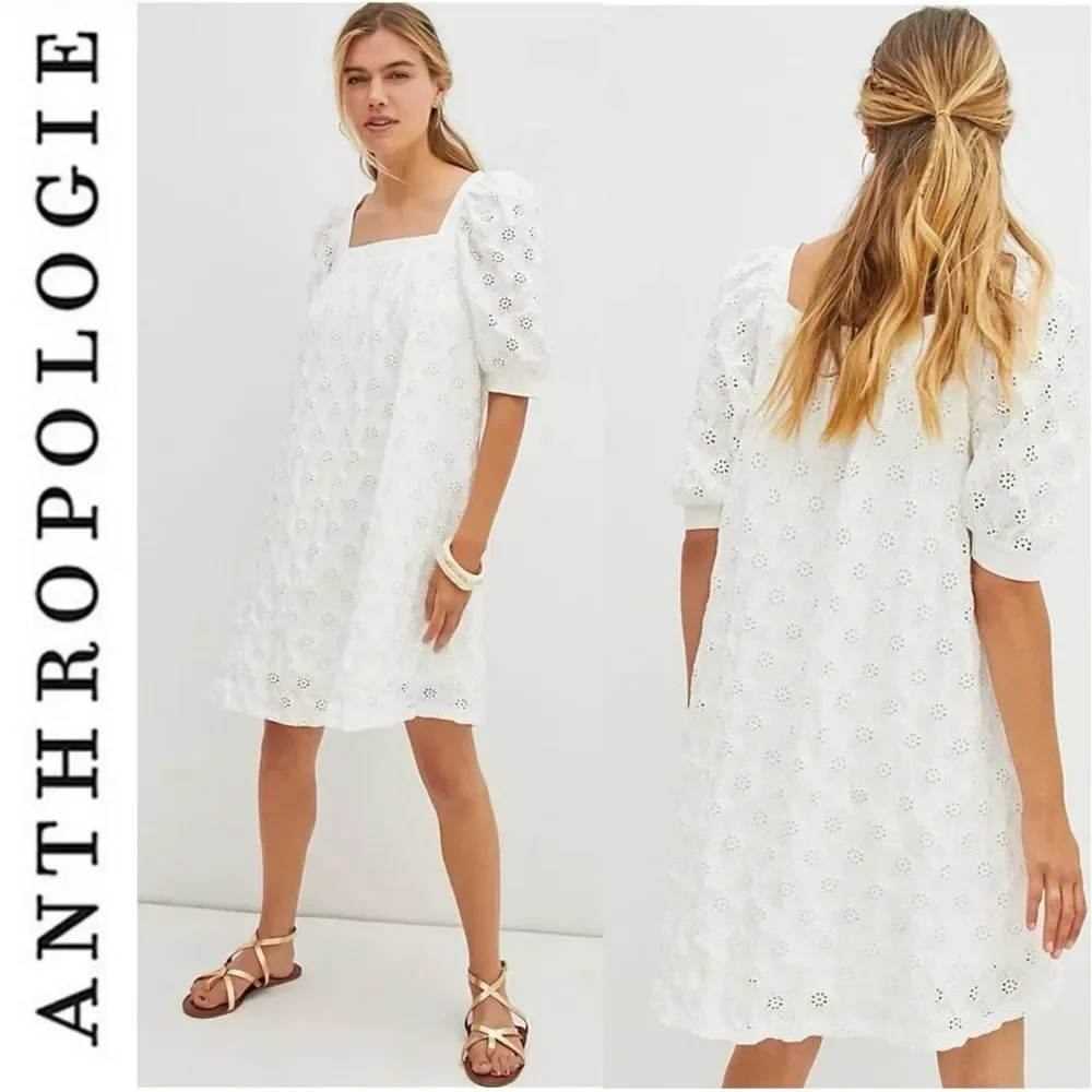 Anthropologie Maeve Eyelet Mini Dress in White M P Puff Sleeve Square Neck
